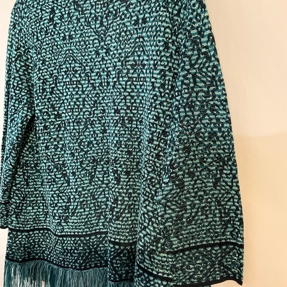 Ruby Rd. petite Sweater PL Cardigan Teal Navy Patterned Open Front Fringe Hem - Picture 6 of 7